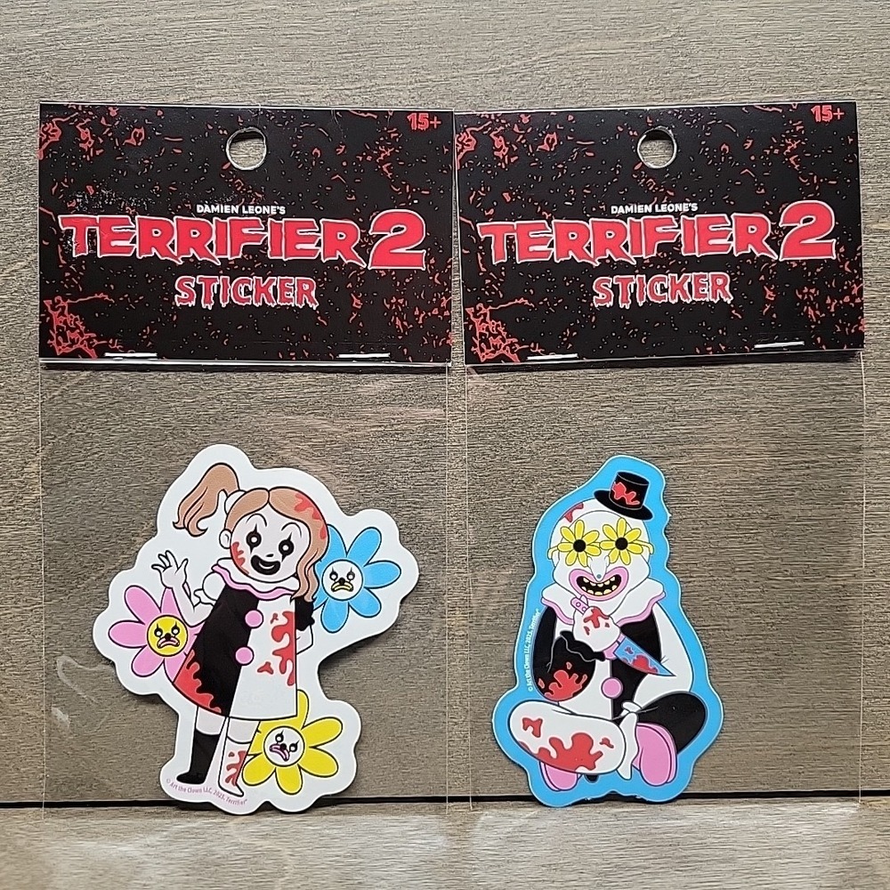 Lot of 2 Terrifier II Stickers - Pale Girl Flowers Art The Clown Glasses Cute